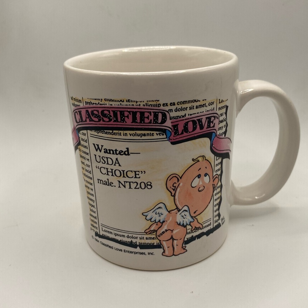 Vintage 1984 Classified Love Baby Cupid 80's Wanted Ad Newspaper Coffee Cup Mug